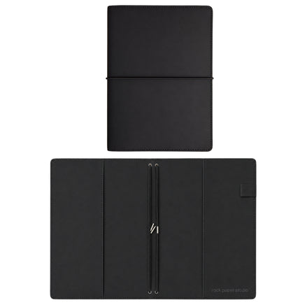 A black leather folio-style notebook cover shown in two views on a white background: closed at the top and open at the bottom, revealing a zippered pocket and interior structure.